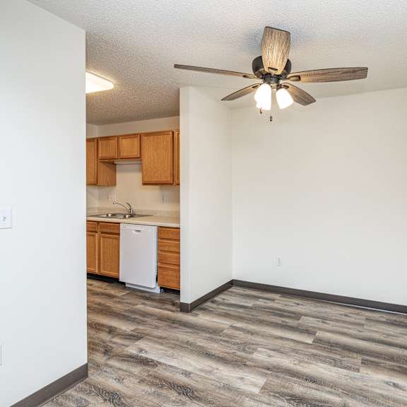 a room with a ceiling fan and a dishwasher in the kitchen area.