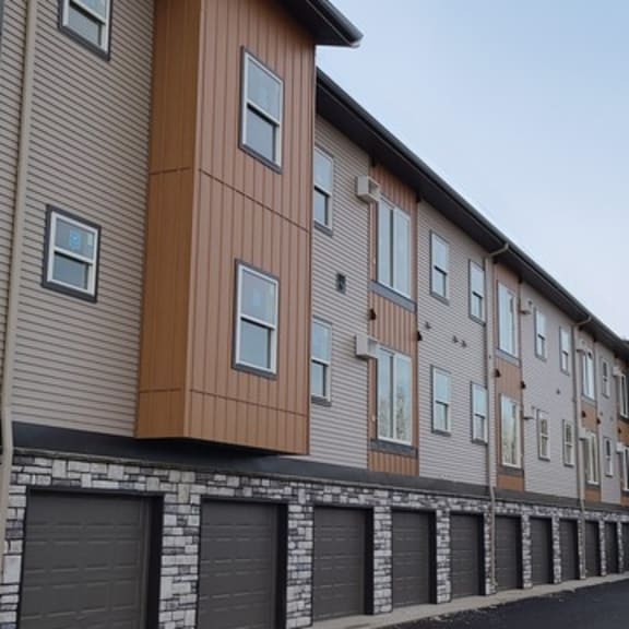 a building with a row of garage doors