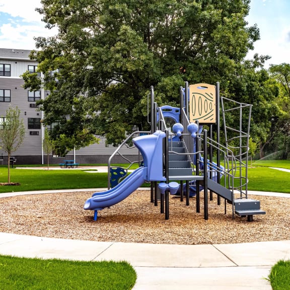 a playground with a blue slide