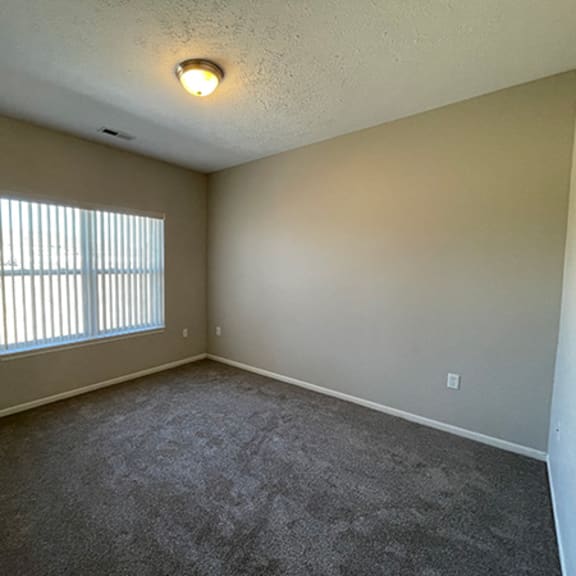 an empty living room with a window and carpet