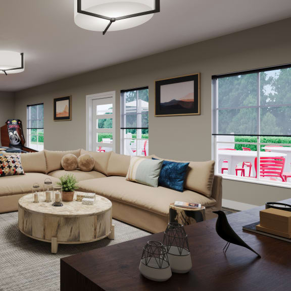 a living room with a couch and a table