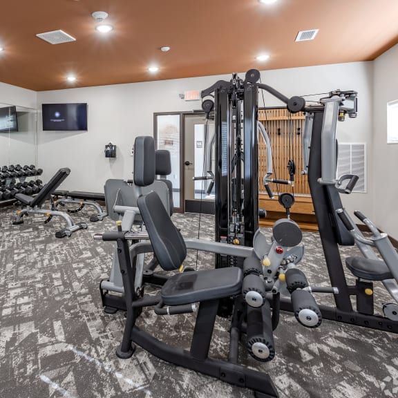a gym with weights and cardio equipment and a tv on the wall