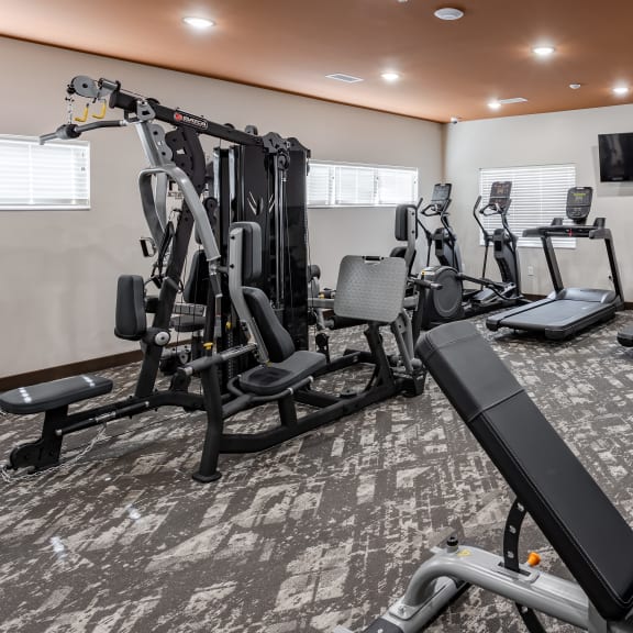 a gym with cardio equipment and a tv in the ceiling