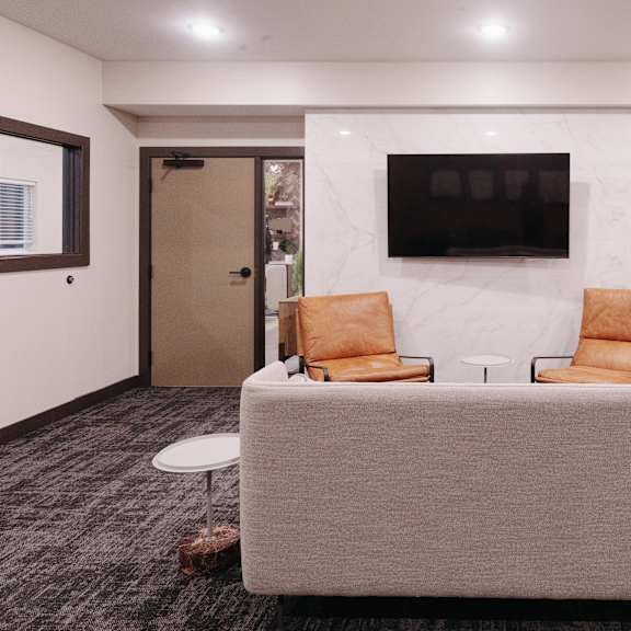 a living room with a couch and chairs and a television