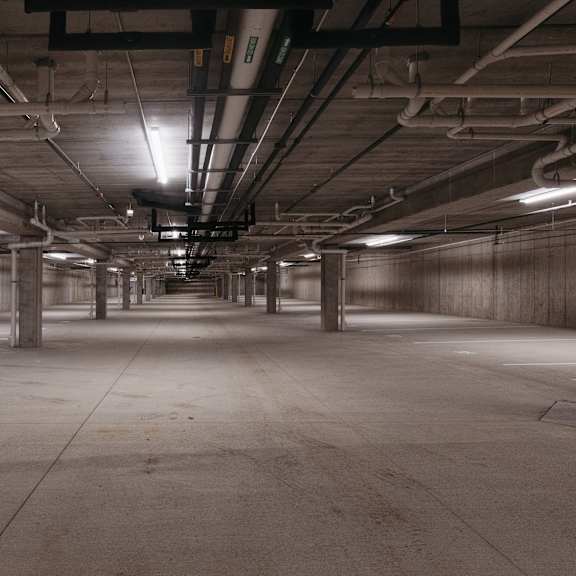the inside of an empty parking garage