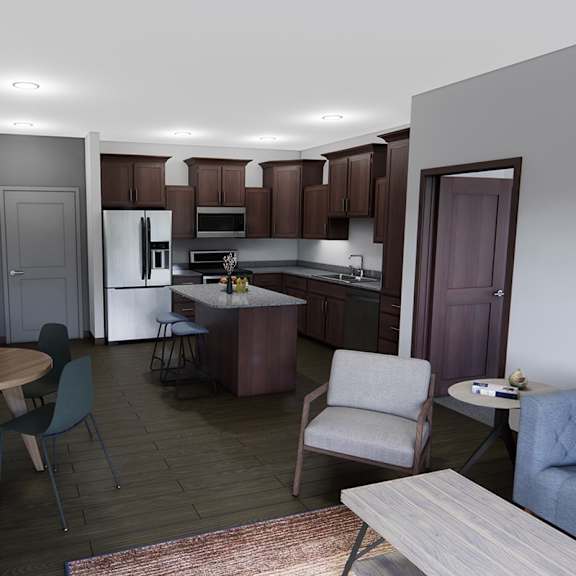a kitchen with a table and chairs in the middle of the room.