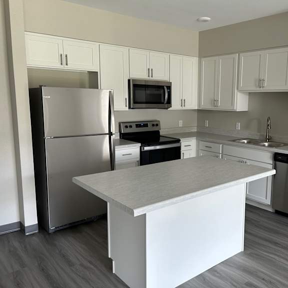 a kitchen with white cabinets and stainless steel appliances