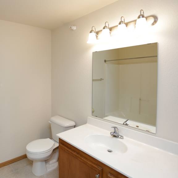 a bathroom with a toilet, sink, mirror and light fixture.