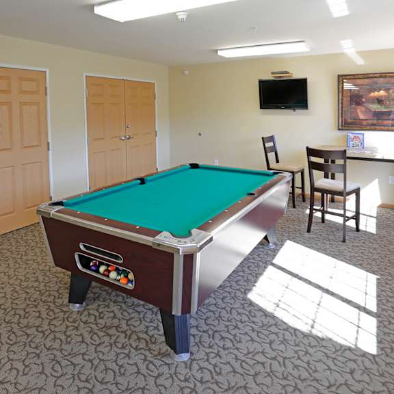 a pool table in a room with a television and a painting on the wall.