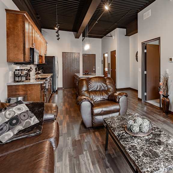 a living room with leather furniture and a tv