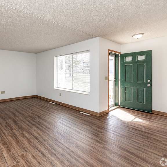 a room with wooden flooring and a green door.