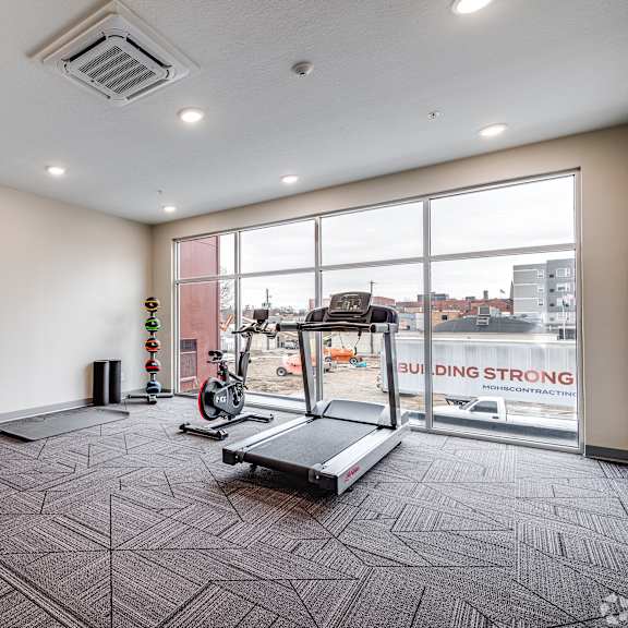 a gym with a treadmill, weights, and exercise equipment.