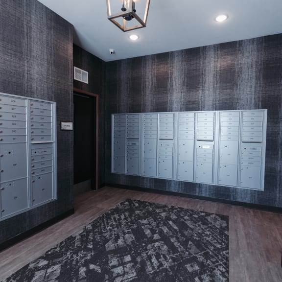 a locker room with lockers and wardrobes and a rug