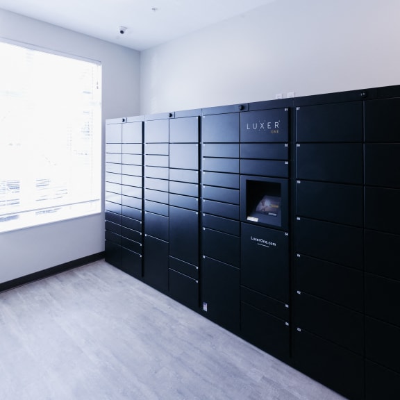 a large set of black lockers in a room
