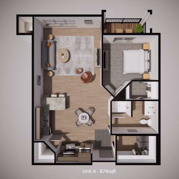 a floor plan of an apartment with a kitchen, living room, and two bedrooms.