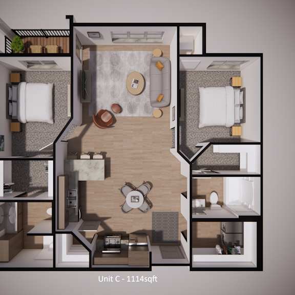 a 3d rendered image of a small apartment layout.