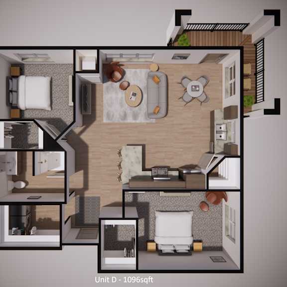 a 3d rendered image of a floor plan for unit d, 102ecf1.