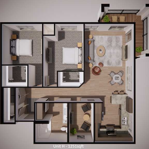 a 3d floor plan of a residential unit with labeled rooms.
