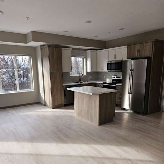 a modern kitchen with a refrigerator, sink, and cabinets.