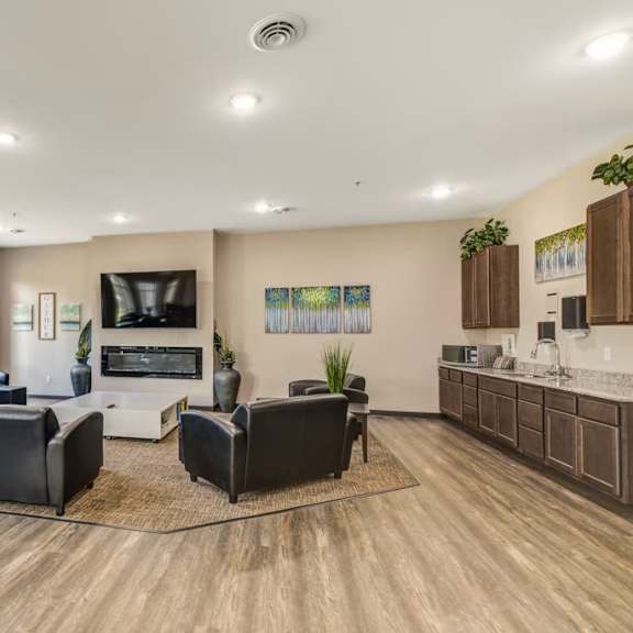 a spacious living room with a television, couches, and a rug.
