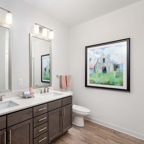 a bathroom with a white sink and brown cabinets.