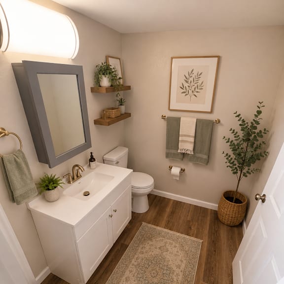 Thumbnail 3 of 5 Bathroom vanity with framed mirror and floating shelves at Southside Apartments, Jacksonville