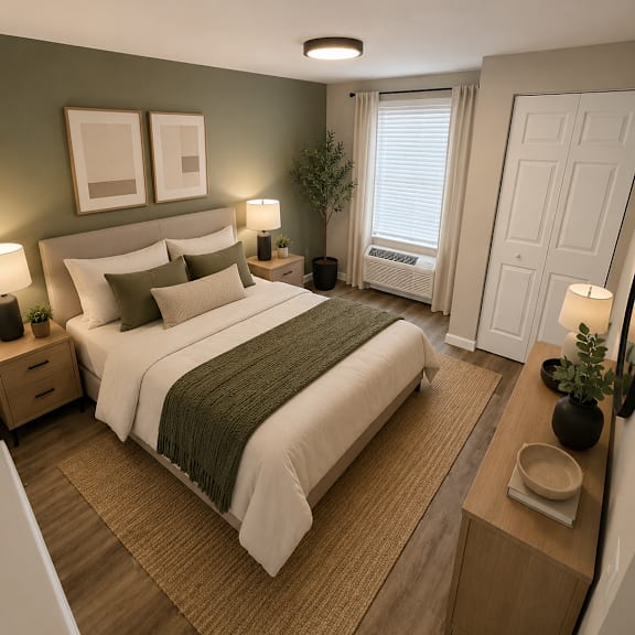 Thumbnail 2 of 5 Cozy bedroom with green accent wall and natural decor at Southside Apartments, Florida
