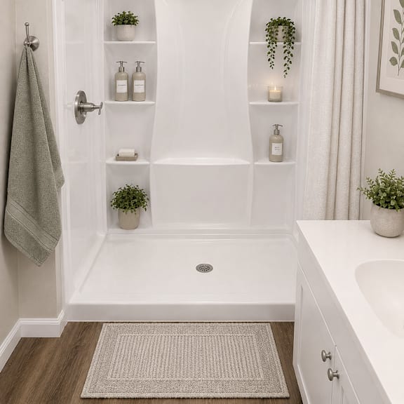 Thumbnail 5 of 5 Clean white shower with builtin storage niches at Southside Apartments, Florida, 32216