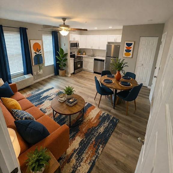 Thumbnail 4 of 5 Open floor plan living space with blue and orange accents at Southside Apartments, Jacksonville, FL 32216
