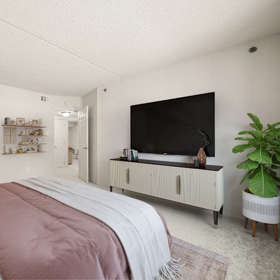 a modern bedroom with a large bed and a flat screen tv.