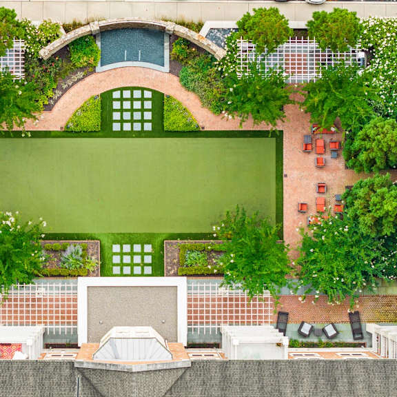 a green screen is surrounded by trees and plants.