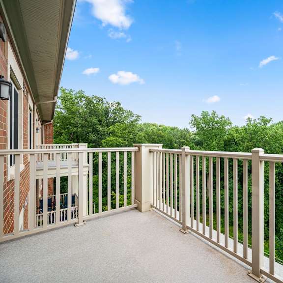 a balcony with a white railing overlooks a green forest.