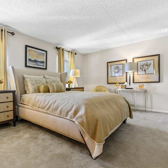 a spacious bedroom at new kent apartments in west chester, pa, featuring two windows, plush carpet flooring, and soaring high ceilings