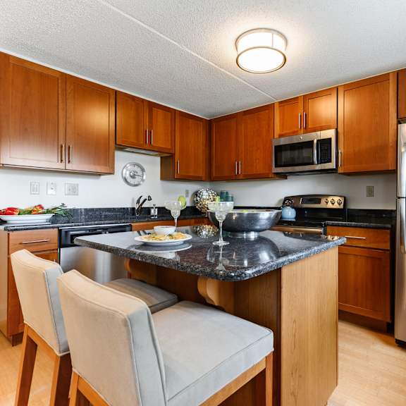 a modern l-shaped kitchen with stainless steel appliances, a kitchen island, and elegant hardwood-style flooring in the tahoe floor plan at new kent apartments, west chester, pa
