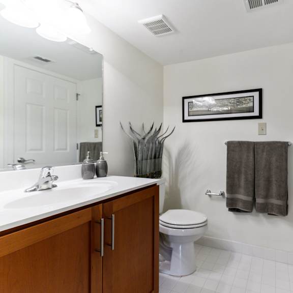 modern bathroom featuring tile flooring, a spacious vanity with a large sink, a full-length mirror, toilet, and a stand-up shower in the tahoe apartment at new kent apartments, west chester, pa