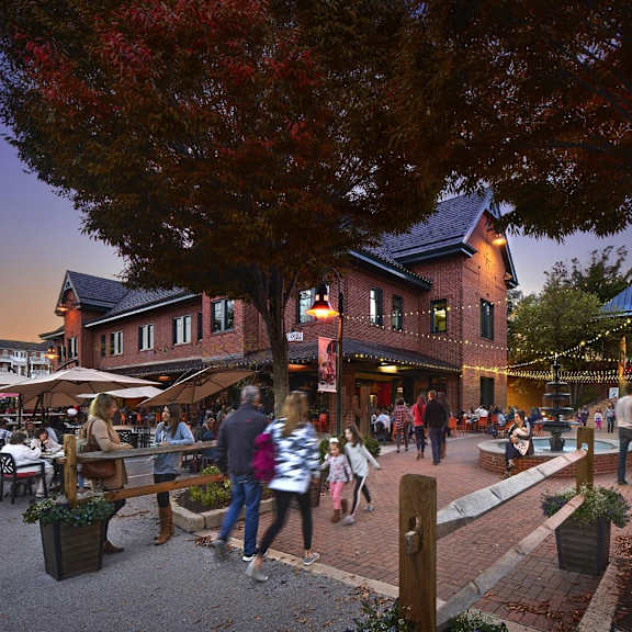 a group of people are walking through a plaza with a tree with red leaves.
