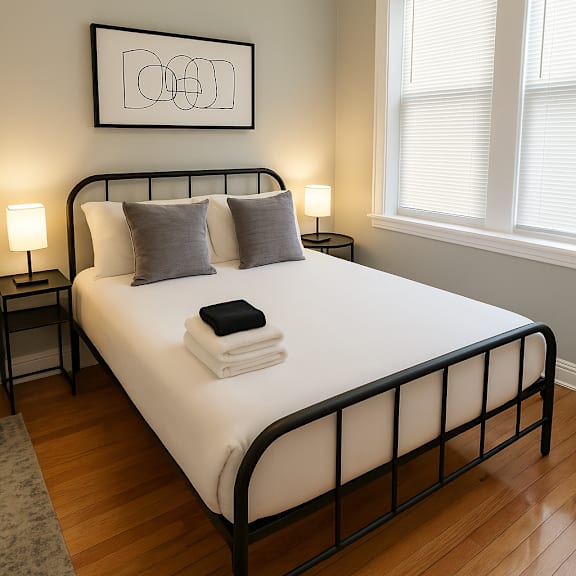 a bed with a white sheet and two grey pillows is in the image.