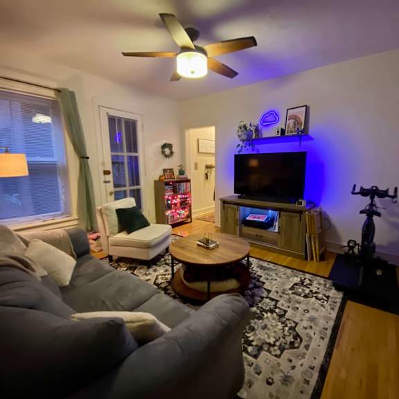 a living room with a grey couch and a television.