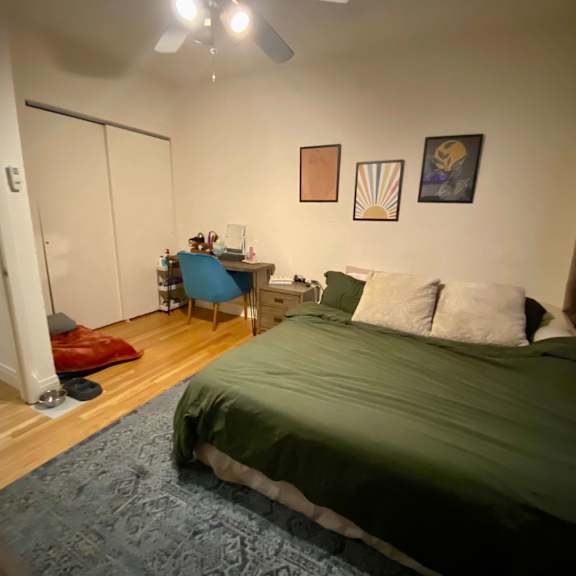 a bedroom with a bed, desk, chair, and a ceiling fan.