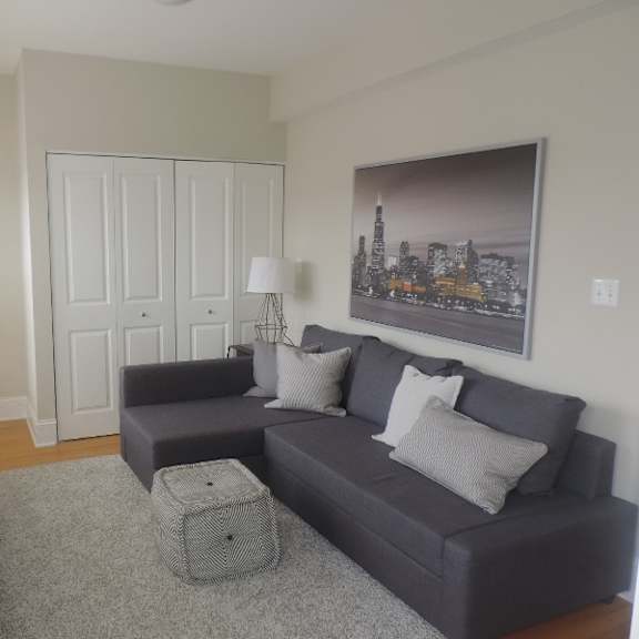 a living room with a gray couch and a rug
