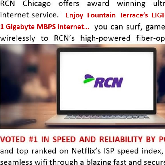 a laptop displaying the rcn logo with text about their internet service.