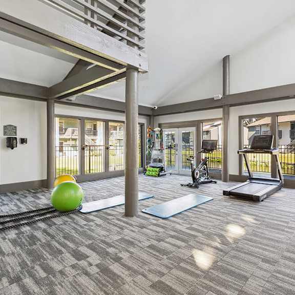 community fitness center with equipment at seven lakes at carrollwood apartments in tampa, fl.