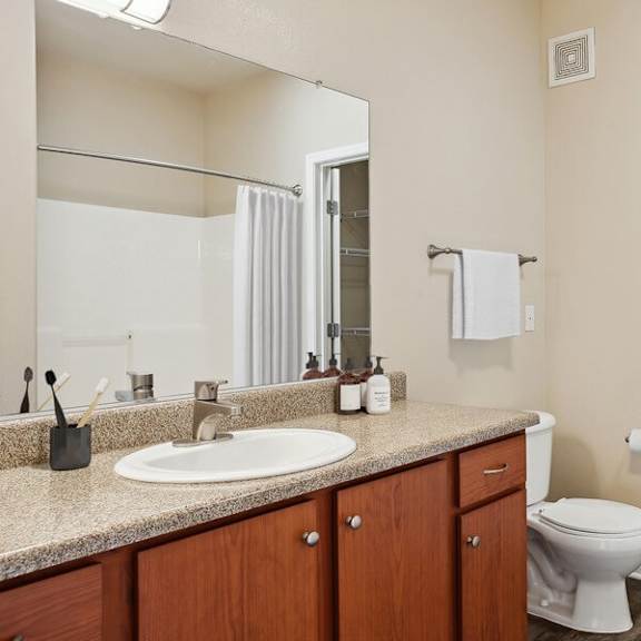 model bathroom at reserve at rancho apartments