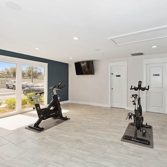 community fitness center with equipment at seven lakes at carrollwood apartments in tampa, fl.