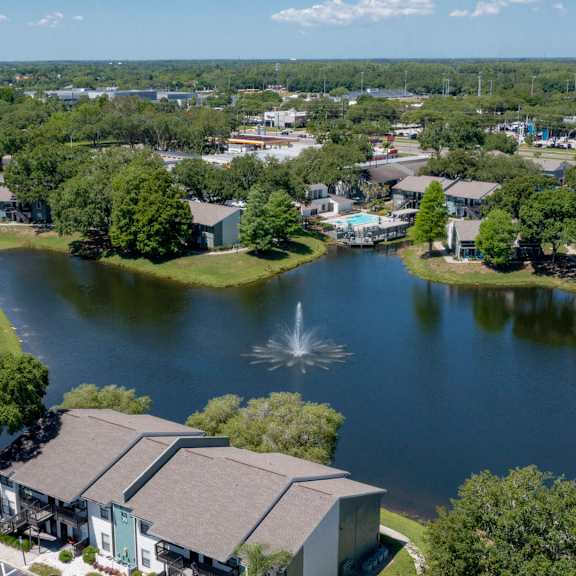 lake view with fountain