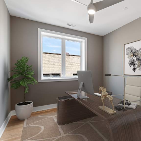 a room with a brown desk and a white chair.