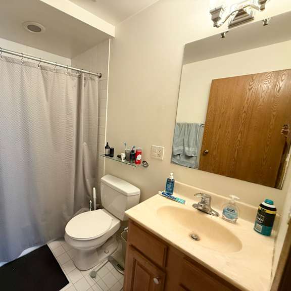 a bathroom with a toilet, sink, and shower curtain.