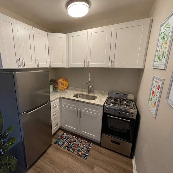 a kitchen with a stove, sink, and refrigerator.
