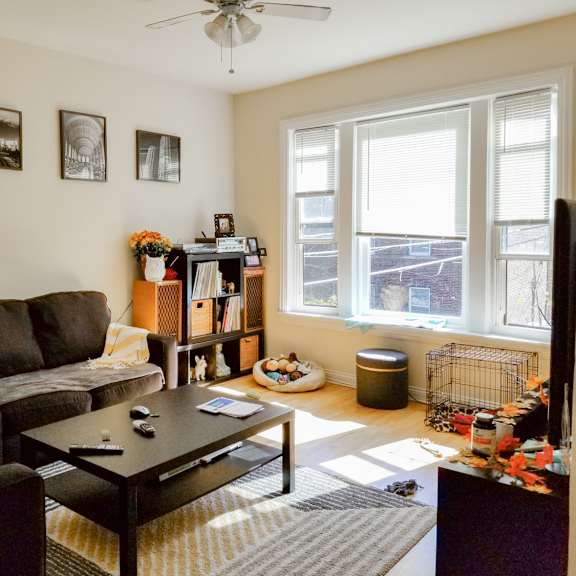 a living room with a couch and a coffee table