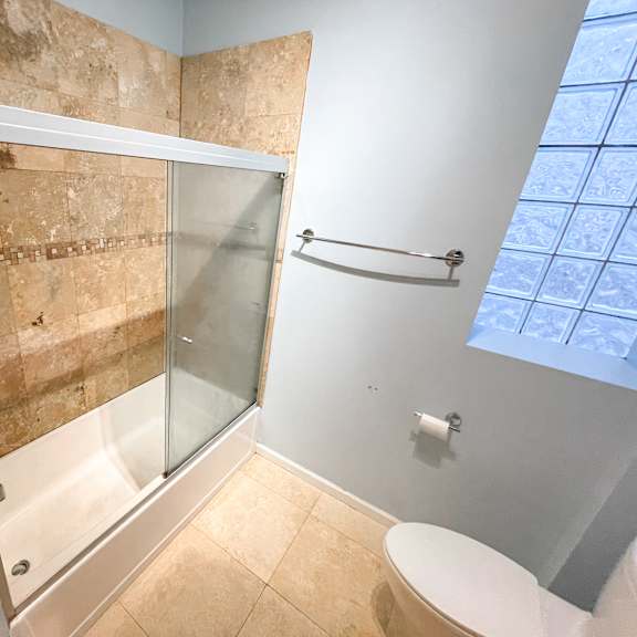 a bathroom with a walk-in shower and a toilet.